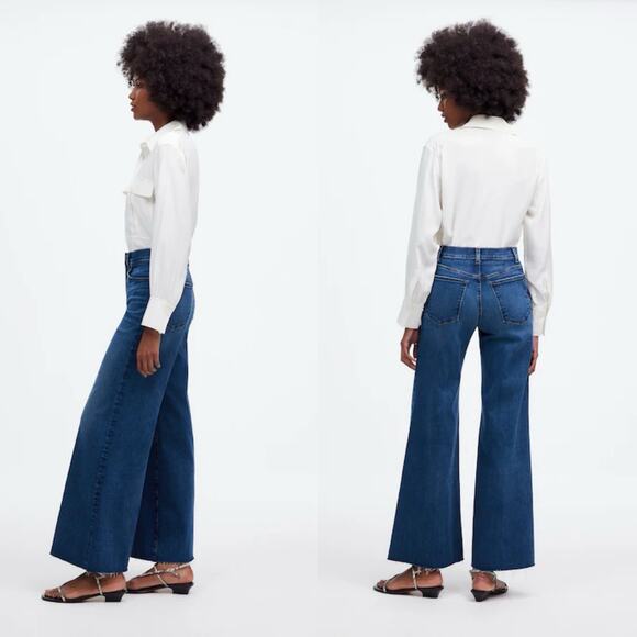 Madewell Flared Wide-Leg Jeans Dark Blue Raw Hem High Rise Stretch Denim 24 - Picture 9 of 9